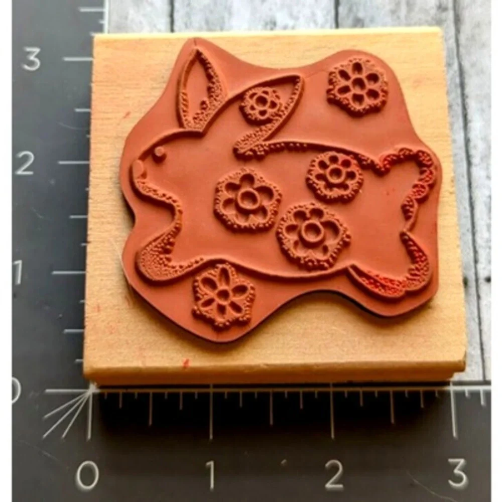 Bunny Flowers Rabbit Running Rubber Stamp Wood #G112